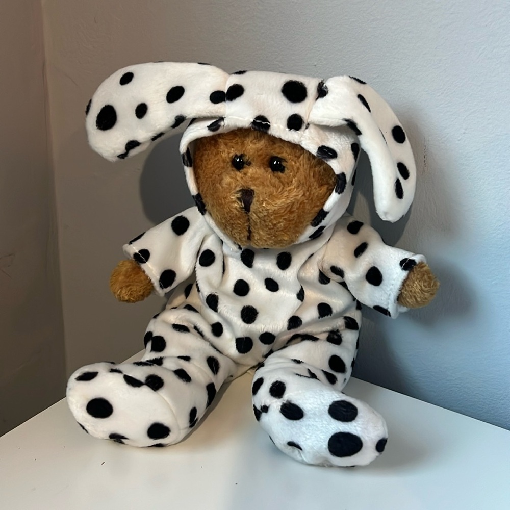 Teddy bear dressed as a Dalmatian stuffy